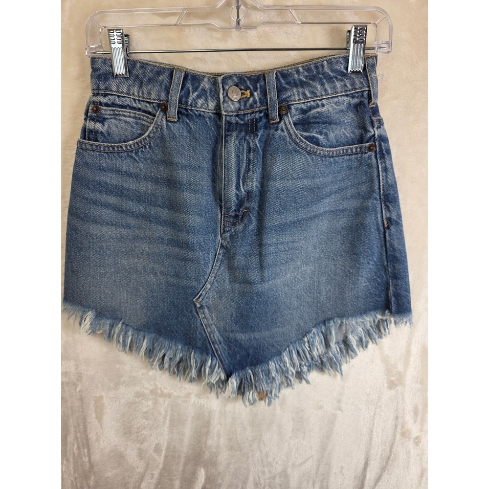 We The Free Free People Denim Mini Skirt Blue Raw Hem Tulip Frayed 24 OB1006434